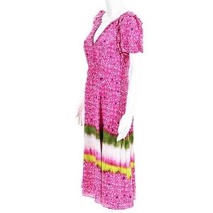 Tanya Taylor Silk Midi Dress Fushia Ombre Floral Tiedye Ruffle Puff-sleeve Event